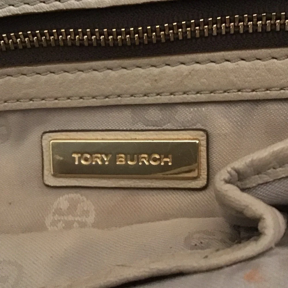 Tory Burch Cream Leather Double-Handle Tote with Logo Charm